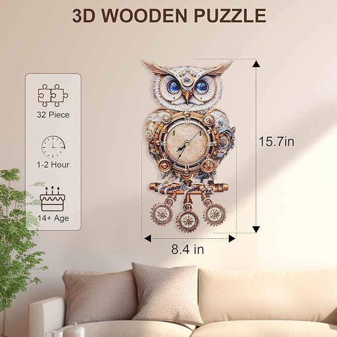 3D Puzzles for Adults Owl Clock Kit with Pendulum, Mechanical 3D Wooden Puzzle Kit for Adults, DIY Wooden Clock Model Building Kits Set, Unique Christmas Home Decor Gift for Women Men