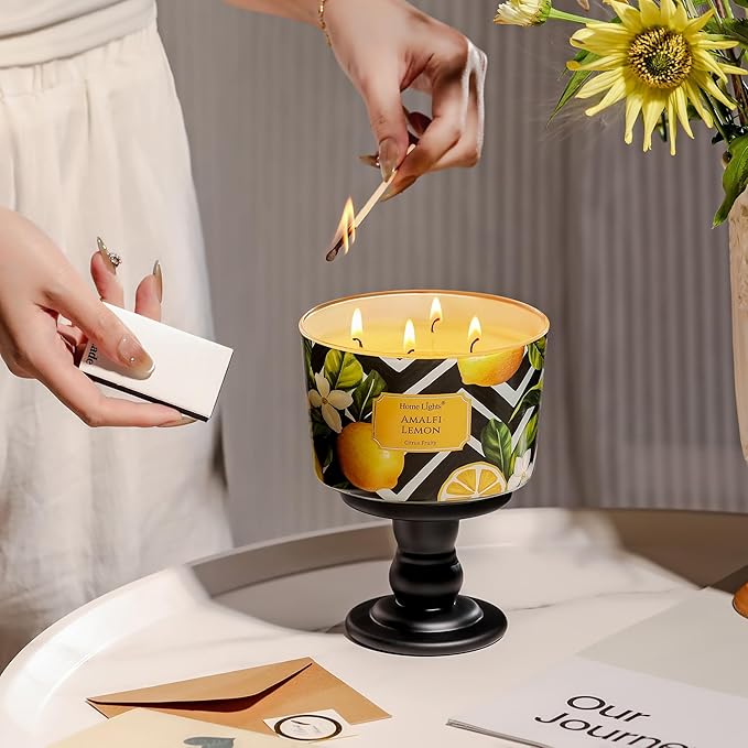 HomeLights Large jar Candle | 4-Wick Long-Lasting Scented Candles, 18oz Natural Soy Wax Candle for Home Scented, Eclectic Mixed Styles Gifts for Women & Men, Amalfi Lemon