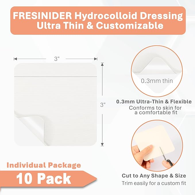 Hydrocolloid Wound Dressing 3" x 3" – 10 Pack Ultra Thin Self-Adhesive Bandages for Wound Care, Bed Sores, Acne, Blisters – Waterproof & Absorbent Hydrocolloid Patches for Faster Healing