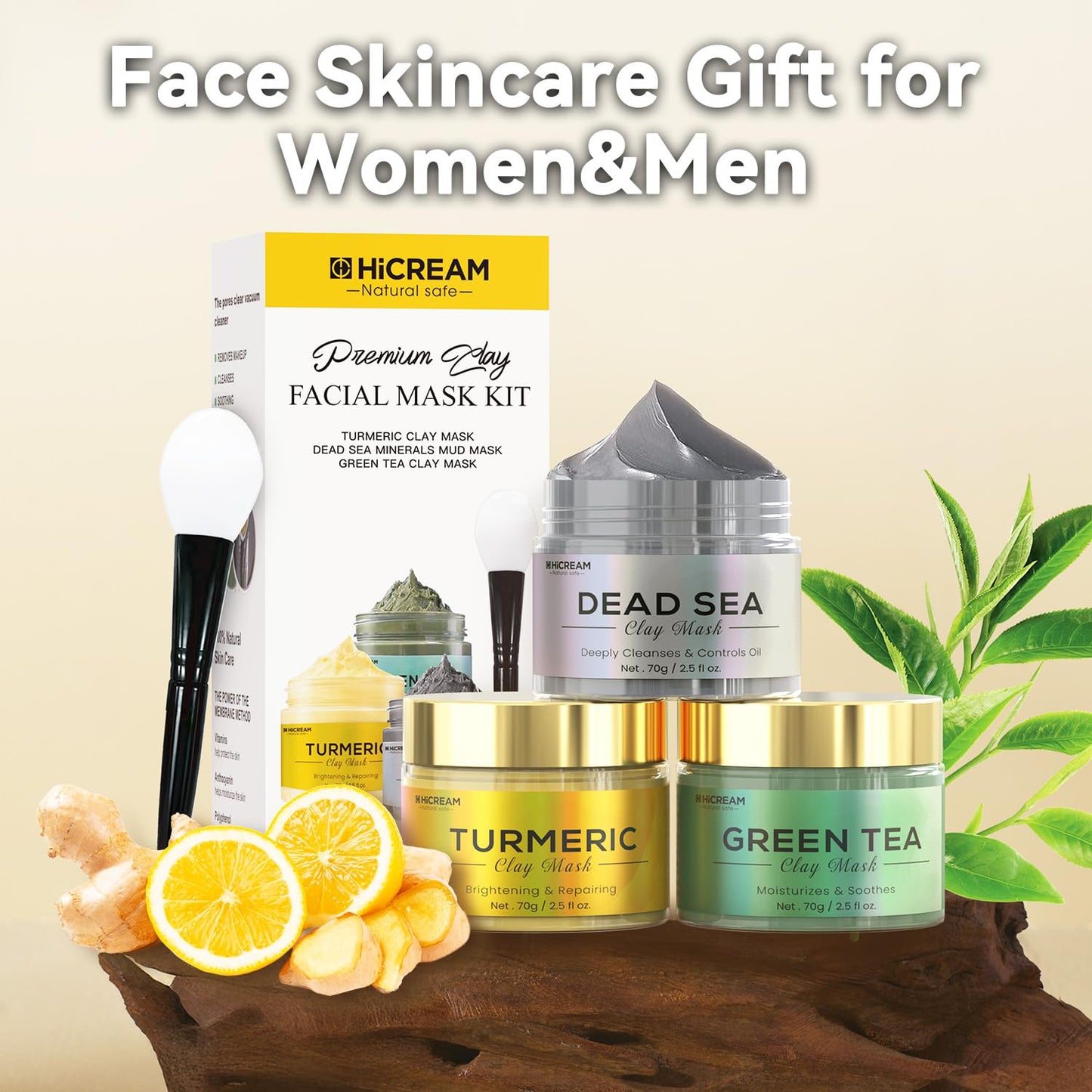 Turmeric Clay Mask, Green Tea, Dead Sea Minerals Mud Mask, Spa Facial Mask 3-Piece Set for Deep Cleansing, Moisturizing and Refining Pores, Vegan & Cruelty-Free, 7.5 fl.oz