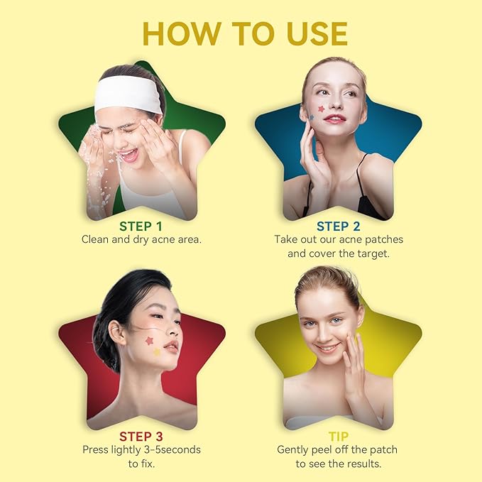 Star Pimple Patches for Face (66 patches) - Hydrocolloid Acne Blemish Pimple Patches Cute Stars, 6 Colors Stars ance patches, 14MM Sizes Zit Stickers