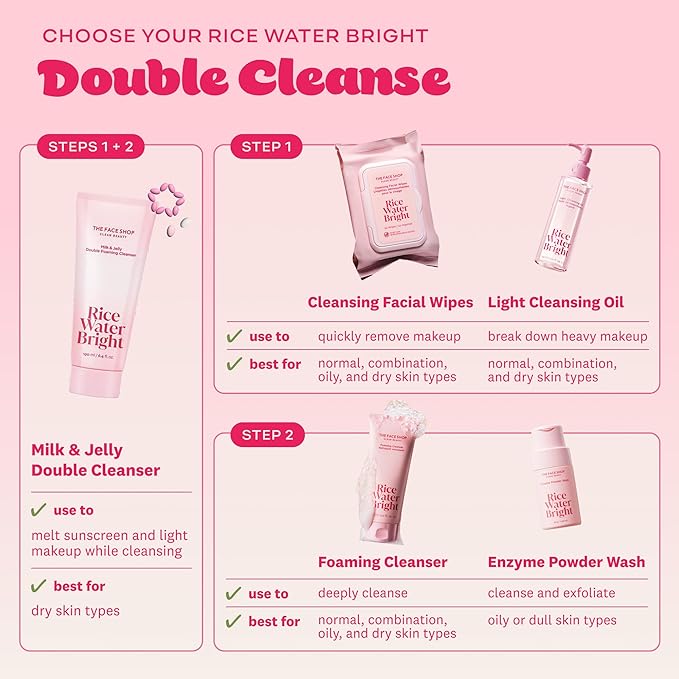 The Face Shop Rice Water Bright Double Foaming Cleanser, 2-in-1 Milky and Jelly Texture, Gentle Face Wash for Hydrating & Moisturizing, Makeup Remover, Korean Skin Care, Vegan, 6.4 fl. oz.