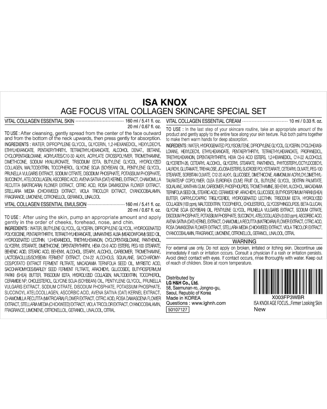 ISA KNOX AGE FOCUS VITAL COLLAGEN SKINCARE GIFT SET (370ml / 12.51 Fl Oz) - Korean Luxury Premium High-end Skin Toner, Emulsion Lotion, Cream by LG BEAUTY. Hydrolyzed Collagen,