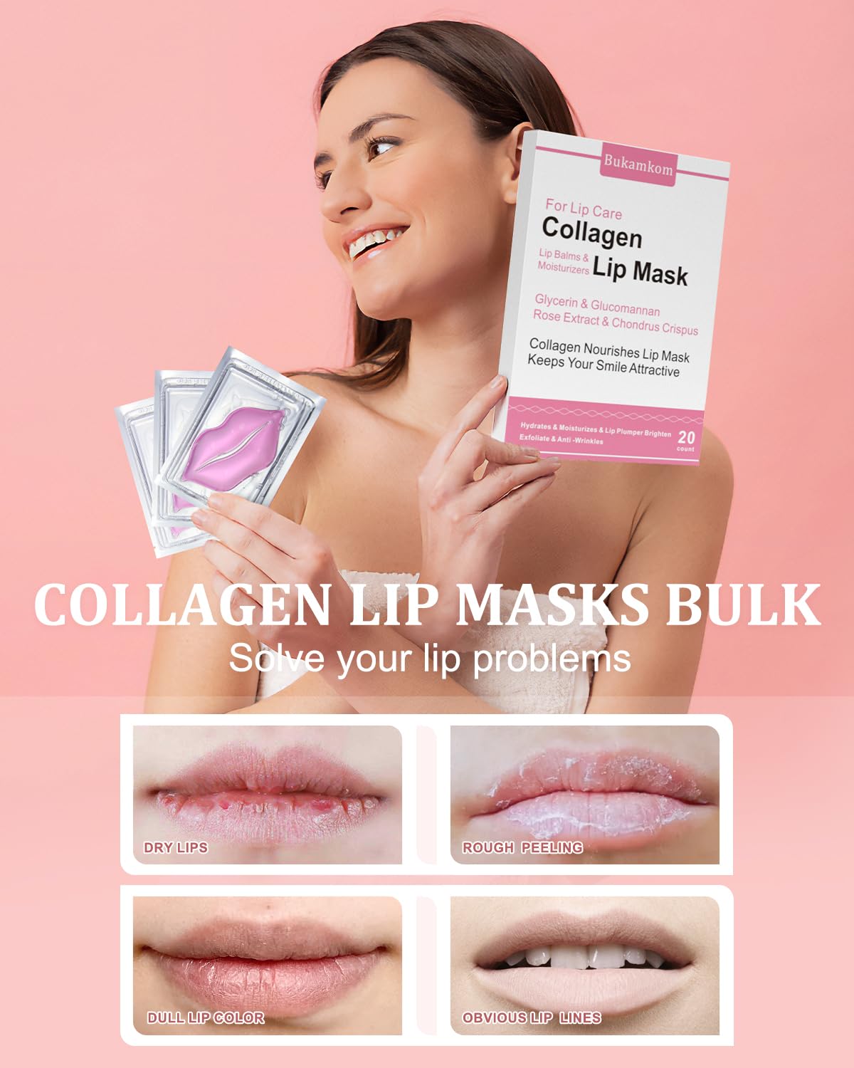 Bukamkom Collagen Lip Masks Bulk(20 Pieces/Box),Lip Mask Sheet Lip Care to Reduce Dark Lips and Lip Lines to Remove Dead Skin Moisture,Bulk Lip Masks Individually Wrapped(20)