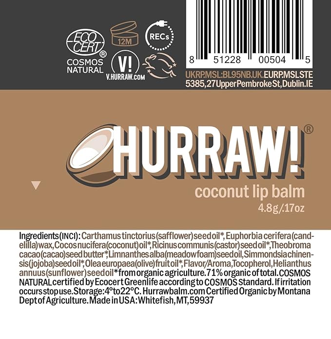 Hurraw! Coconut Lip Balm: Organic, Certified