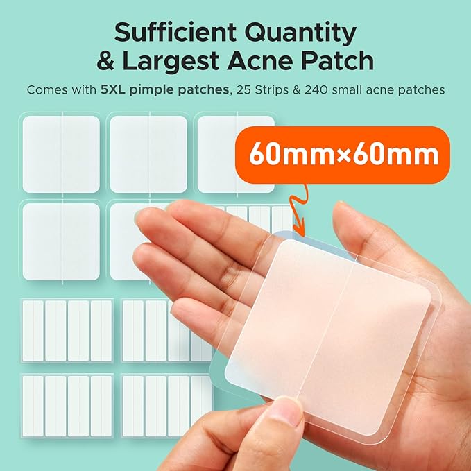 TKTK Large Pimple Patches, 60 mm XL Acne Patches, Big Hydrocolloid Bandages for Body, Face, Forhead, Chin, Neck Zit Breakouts, Hydrocolloid Patch (Square, Strip, Dot 5 Sizes 265 Count)