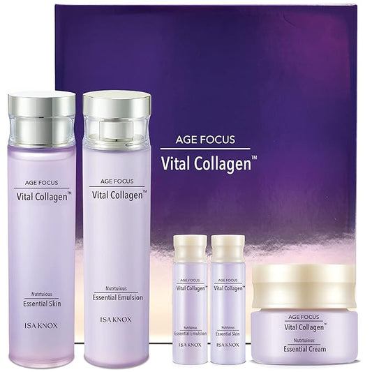 ISA KNOX AGE FOCUS VITAL COLLAGEN SKINCARE GIFT SET (370ml / 12.51 Fl Oz) - Korean Luxury Premium High-end Skin Toner, Emulsion Lotion, Cream by LG BEAUTY. Hydrolyzed Collagen,