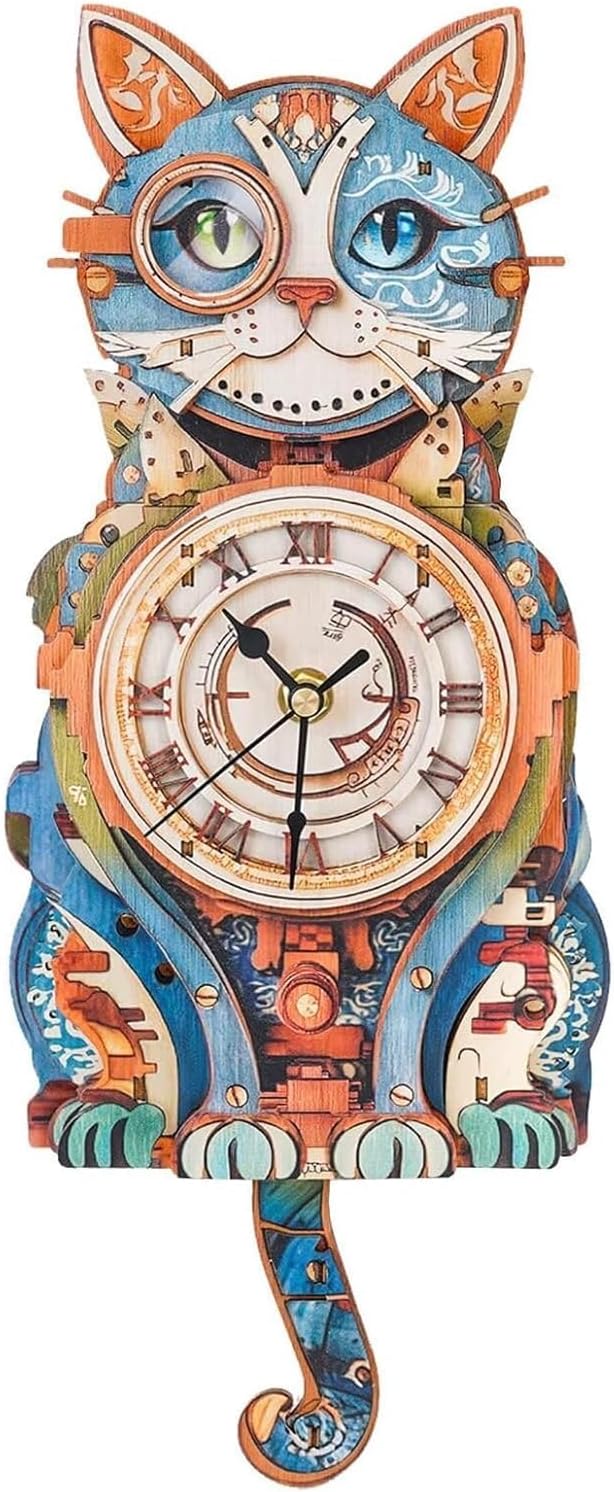 3D Wooden Puzzles for Adults Model Kit Detective Cat Clock, Mechanical Model Building Kits DIY Hobbies for Women Men, Vintage Wall Clock Puzzle Cat Lover Gifts for Adults Craft Gift Home Decor