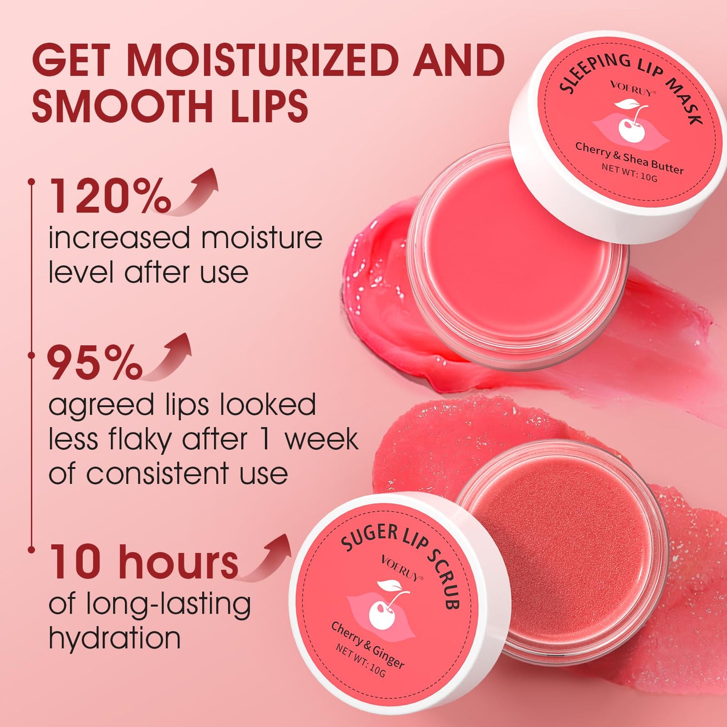 Lip Scrub & Lip Mask Set, Cherry Lip Exfoliator Scrub, Christmas Gifts Stocking Stuffers Gift for Women, Overnight Suger Lip Treatment, Repair Dry Cracked Lips - with Lip Brush (10g*2)