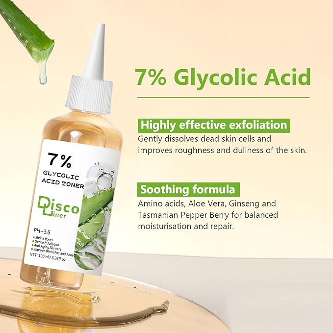 7% Glycolic Acid Exfoliating Toner, Hydrating Facial Toner, Smooth Glowing Skin, Even Skin Tone, Improve Skin Texture, Gentle Formula for Daily Use