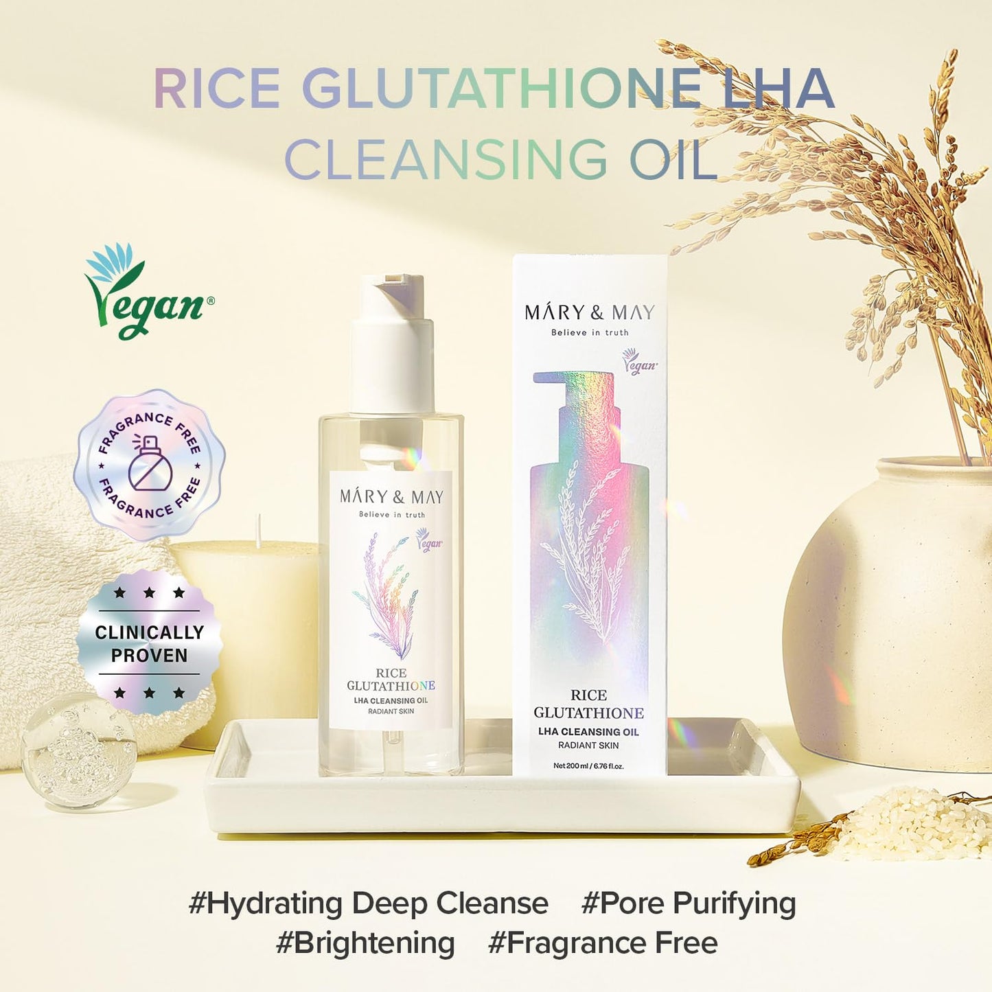 Mary&May Rice + Glutathione LHA Cleansing Oil | Daily Makeup Remover | Removes Impurities, Sebum & Clogged Pores | Double Cleanse | Gentle Exfoliation for Sensitive Skin | Korean Skincare | 6.76 fl oz