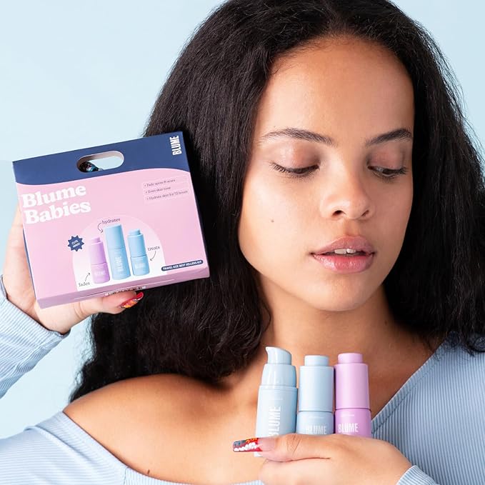 Blume Babies Travel Size Skin Care Set - Acne & Scar Treatment Travel Size Toiletries - Meltdown Acne Face Oil, Milky Fade Vitamin C Serum & Meltdown Gel Moisturizer - TSA-Approved Skincare Set (3 Ct)