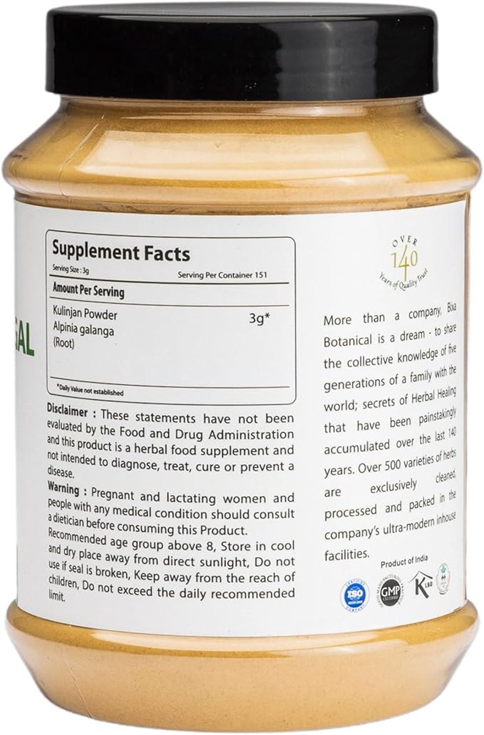 bixa Botanical | Greater Galangal Root Powder | Alpinia Galanga Kulinjan | For Soups and Cooking | Ayurvedic Herbal Supplement | Kosher | Steam Treated | Non GMO | Vegan | 100 Percent Pure |7 oz 200 g