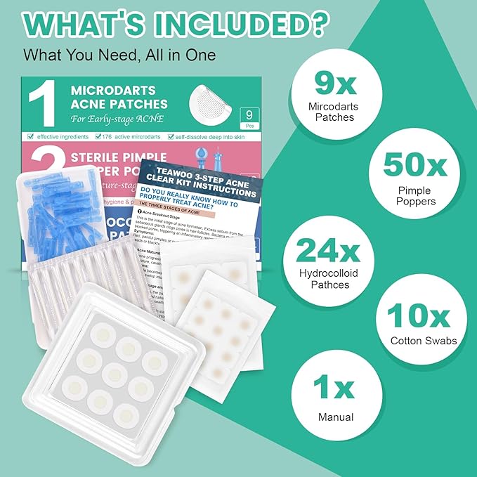 3-Step Microdart Pimple Patches Set – 83 Count, including 9 Microdarts Pimple Patches, 50 Pimple Poppers, and 24 Hydrocolloid Patches