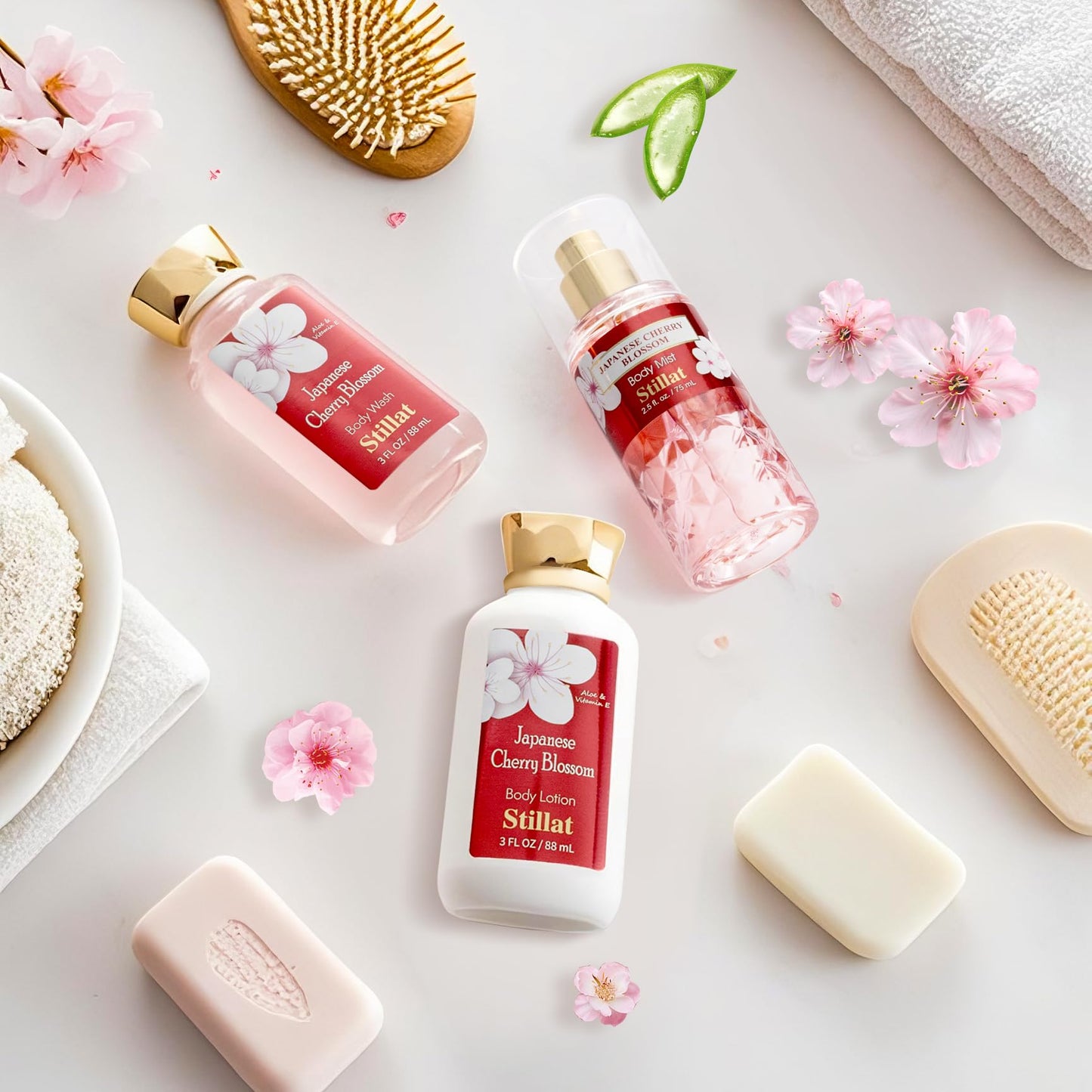 Bath and Body Sets for Her, Japanese Cherry Blossom Scented Spa Daily Care for Women, Including Body Wash, Body Lotion and Fragrance Mist, Idea Gift for Birthday Valentine's Day Christmas New Year