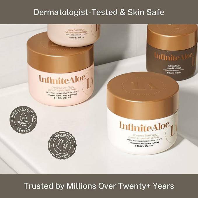 InfiniteAloe Complete Skin Care, Aloe Vera Powered Face and Body Cream for All Skin Types, Dry Skin Everyday Hero, Original Scent - 2 Large Jar 8 oz & 2 Travel Jar 0.5 oz