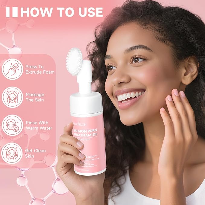 Salmon DNA PDRN Facial Cleanser | Low pH Hydrating Daily Foaming Face Wash with Soft Massage Heads | PDRN, Collagen & LHA | Gentle Pore Care & Radiant, Balanced-Looking Skin | 4.06 fl. oz