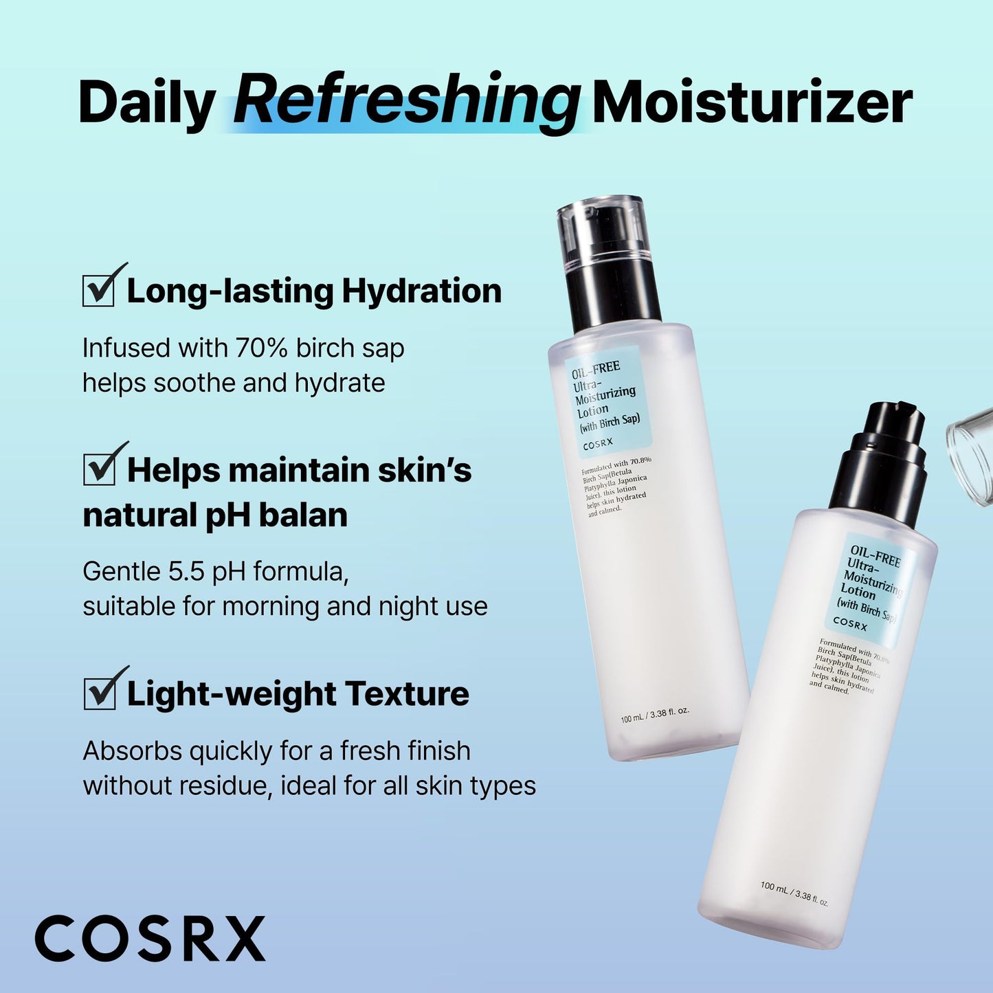 COSRX Oil Free Lotion with Birch Sap, Daily Acne Facial Moisturizer, Hydrating Moisturizer for All Skin Types, Korean Skin Care, Paraben free, 3.38 fl.oz / 100ml