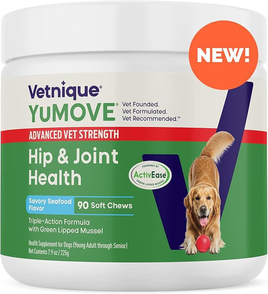 YuMOVE Hip & Joint Supplement for Dogs with Glucosamine, Hyaluronic Acid, Green Lipped Mussel & Omega 3 Joint Supplement - Regular or Advanced Strength (90ct, Advanced Vet Strength Soft Chews)