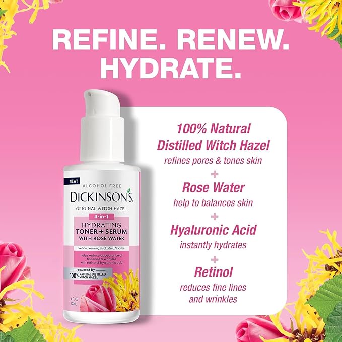 Dickinson's Original Witch Hazel Hydrating Toner + Serum with Rose Water | 100% Natural Distilled Witch Hazel | Alcohol-Free | Hydrates, Tones, Renews, and Soothes Skin | 4 Fl Oz