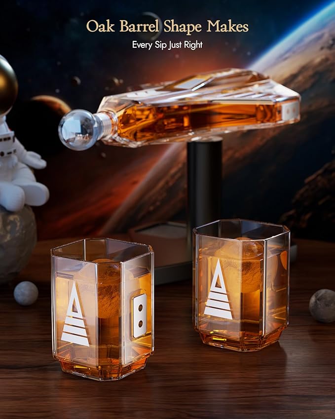 Birthday Gifts for Men Dad, Kollea Galaxy Golden Spaceship Whiskey Decanter Sets for Men, Spacecraft Limited Edition, 2 Funny Shot Glasses, Unique Brother Gift Ideas, Liquor Decanter for Bar