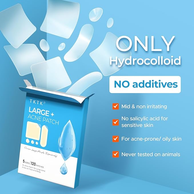 TKTK Hydrocolloid Bandages, 45 x 45 mm Large Pimple Patches for Face, XL Acne Patches for Body, Back, Forehead, Cheek Zit Breakouts, Big Hydrocolloid Patch (Square, Strip, Dot 5 Sizes 120 Count)