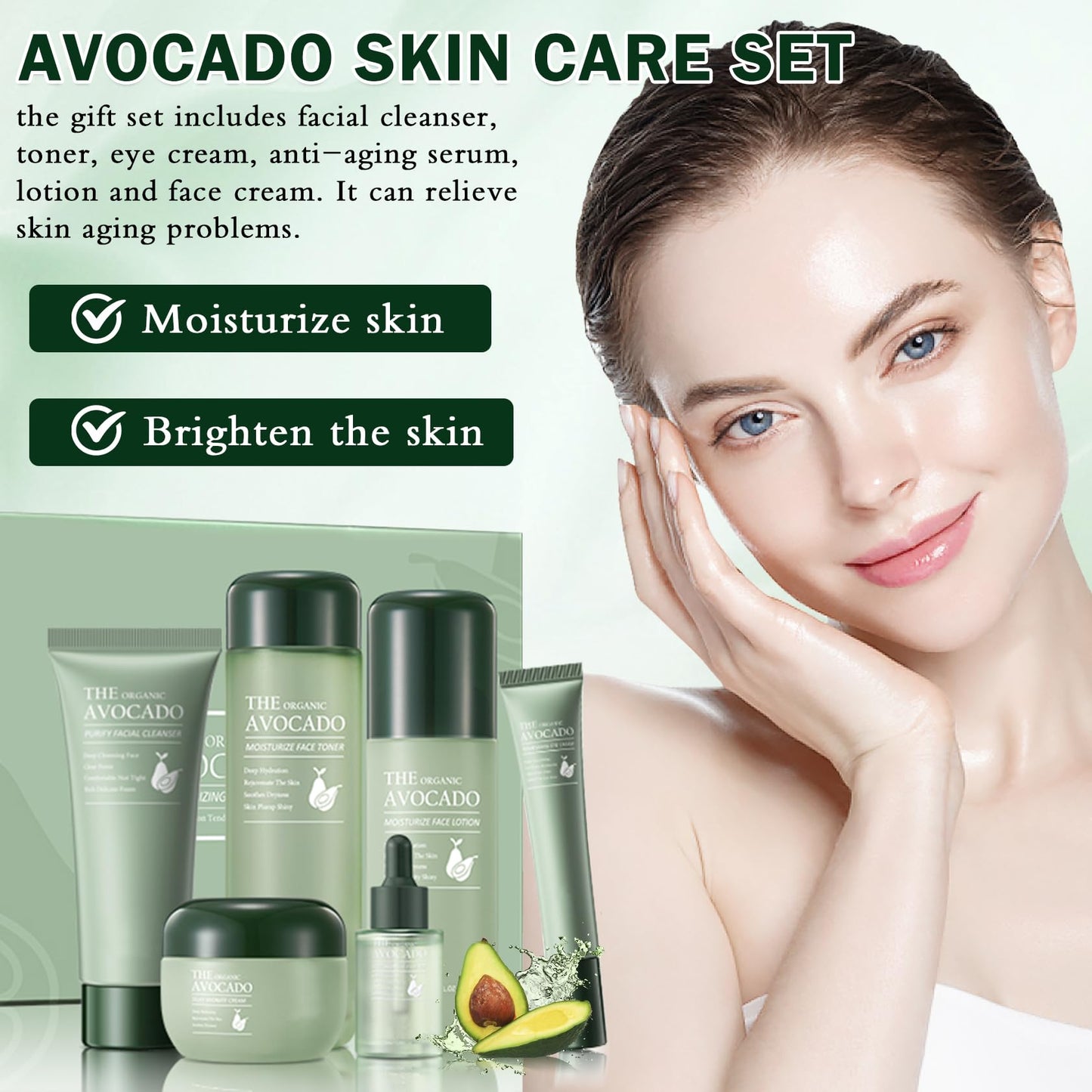 XINGXYUEL Avocado Skincare Set for Teen Girls Hydration Facial Skincare Gift Set with Cleanser,Toner,Lotion,Face Serum,Eye Cream,Face Cream,Anti-Aging Skin Care Set for Women
