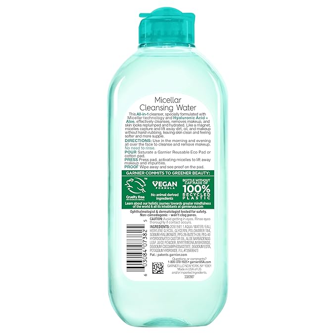 Garnier Micellar Water with Hyaluronic Acid, Facial Cleanser & Makeup Remover, Hydrating and Plumping, For All Skin Types, Vegan, Cruelty Free, 13.5 Fl Oz (400mL), 1 Count
