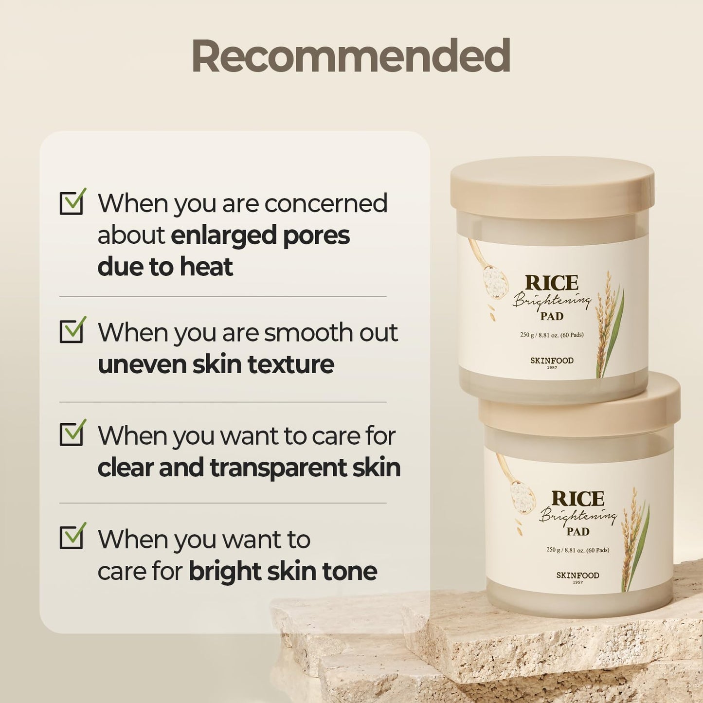 SKINFOOD Rice Daily Toner Pad, Korean Skincare Face Toner with 100% Cotton Pads for Glow Glass Skin, Natural Rice Water Milk, Hydrating, Exfoliating, Glowing, Vegan, 8.81 oz (60 Pads)