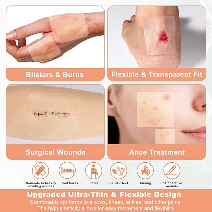 Hydrocolloid Wound Dressing 4" x 4" – 20 Pack Ultra Thin Self-Adhesive Bandages for Wound Care, Bed Sores, Acne, Blisters – Waterproof & Absorbent Hydrocolloid Patches for Faster Healing
