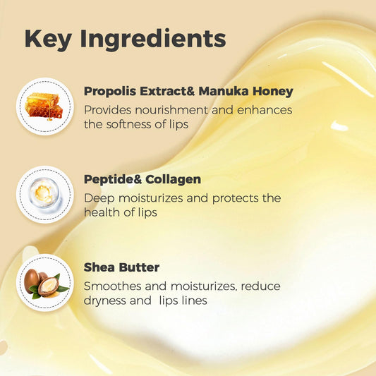 15ml Honey Lip Butter, Hydrating Overnight Lip Balm & Mask, Propolis 12hrs Long-lasting Moisture, Overnight Gentle Exfoliation, Hygienic Twist Dispenser(0.5 fl.oz）