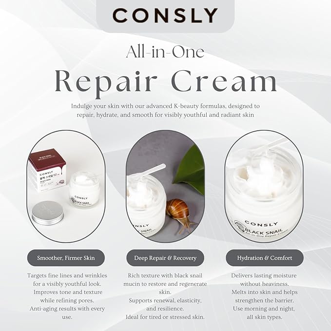 CONSLY_Black Snail All-In-One Repair Cream, Regenerating Moisturizer, Reduces Wrinkles, Improves Texture, Deeply Hydrating, For All Skin Types, 70ml