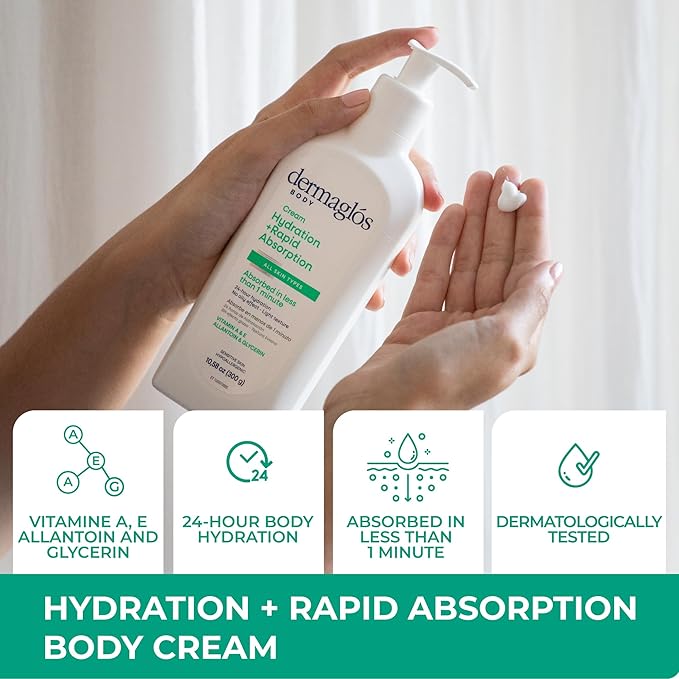 Dermaglos Moisturizing Body Cream | Hydration + Rapid Absorption, 24Hour Duration | Daily moisturizer For all Skin Types Even Sensitive | With Vitamin A, Vitamin E, Allantoin, Glycerin | 10.58 Oz