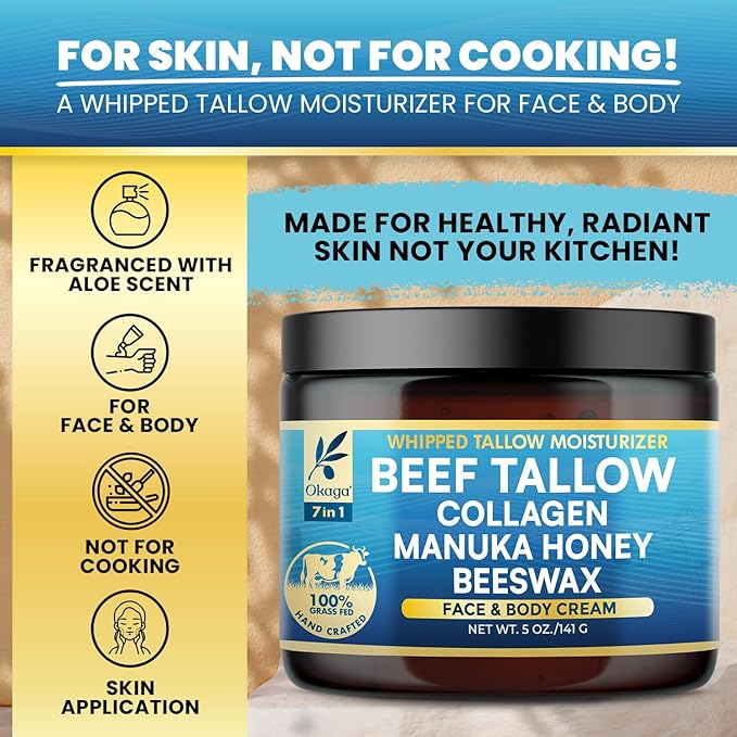 Organic Beef Tallow for Skin, Organic Grass-Fed Beef Tallow Balm with Manuka Honey, Aloe Vera, Jojoba Oil, Collagen & Beeswax, Olive Oil, Moisturizer for Dry Skin, Nourishes Face, Body & Lips (3 Pack)