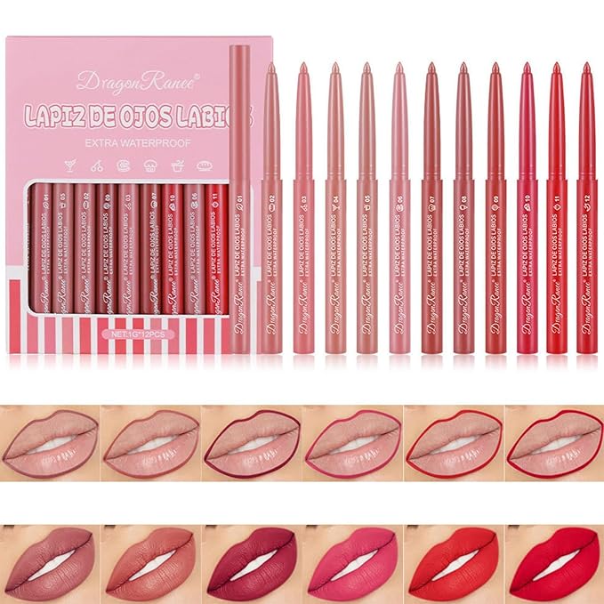 12 PCS Lip Liner Set, Matte Nude Lip Liner Pencil Set, Longwear Lip Liners Set, Waterproof Lipliner Lip Pencil Set, Richly Pigmented Lip Liner and Lipstick, Luxury Intense Lip Liner Pack