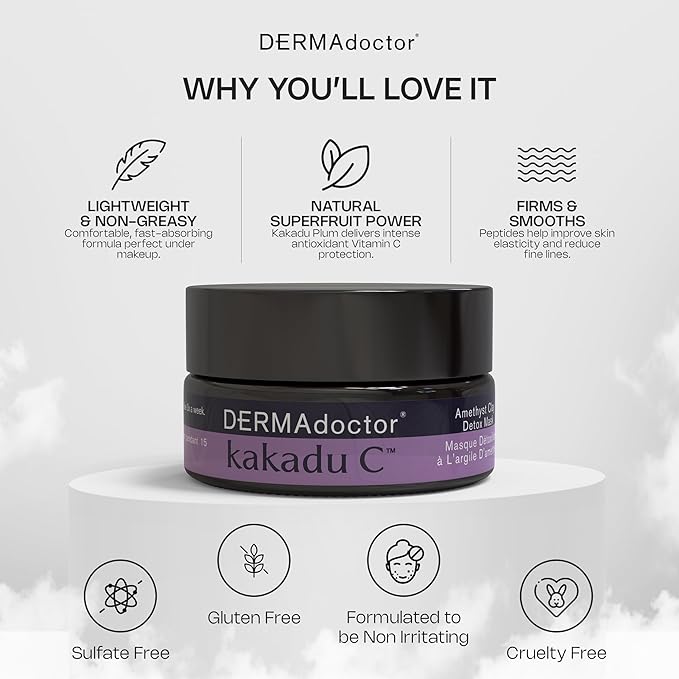 DERMAdoctor Kakadu C Dermatologist Formulated Amethyst Clay Detox Mask; Vitamin C Clay Face Mask for Dark Spots, Dull Skin, Oil Control and Refining Pores - 1.69 oz