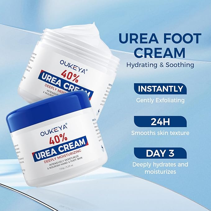 OUKEYA Urea Cream,NEW FORMULA Urea Cream 40 percent for Feet Maximum Strength,Dry Cracked Treatment Lotion for Knees & Elbows,Foot Dead Skin Cuticle Callus Remover Toenail Softener,5.29 oz（2 Packs