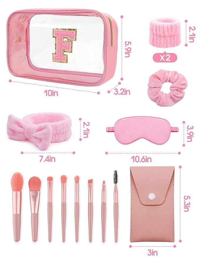 Gift Sets for Women, Initial Makeup Bag with Makeup Brush Set Bachelorette Party Favors, Pink Spa Kit with Skincare Headbands Wrist Bands Sleepover Party Supplies Gifts for Teen Girls Bridesmaid F
