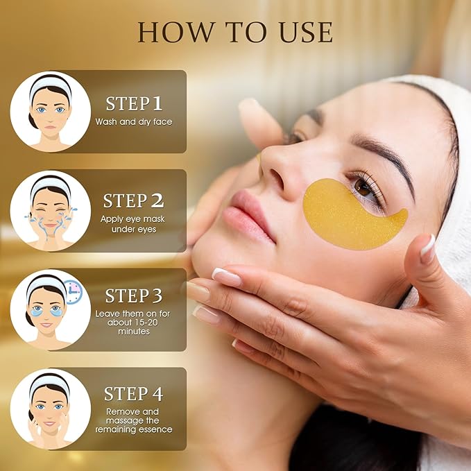 Under Eye Patches Masks - 24K Gold Eye Patch for Dark Circles & Puffy Eyesg,Fine Lines,Eye Bags Collagen Infused with Hyaluronic Acid Wrinkle Smoothing, Hydration & Firming Care (30 Pairs) Gold