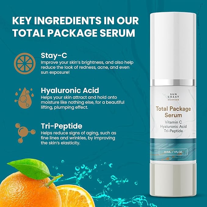Sun Coast Sciences - Total Package Serum, All-In-One Vitamin C, Hyaluronic Acid, Anti-Aging Facial Super Serum for Wrinkles, Age Spots - 1 fl oz (Pack of 6)