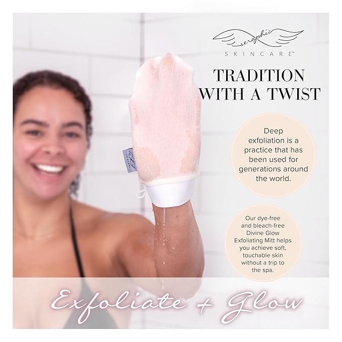 Seraphic Skincare Divine Glow Exfoliating Mitt (2pcs) – 100%, Dye-Free, Bleach-Free Vegan Viscose Korean Exfoliating Glove – Body Exfoliator for Self-Tan Removal & Keratosis Pilaris
