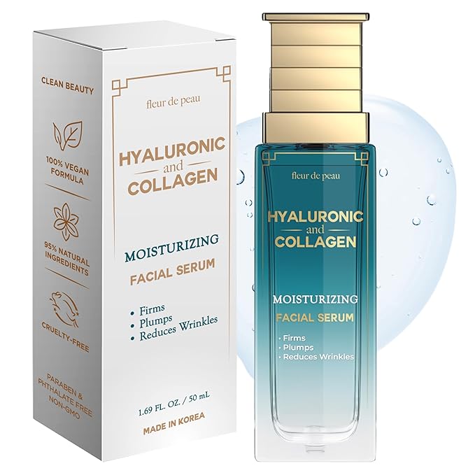 Fleur De Peau Hyaluronic Acid Serum For Face with Collagen - Dermatologist Tested, Anti-Aging, Ultra Hydrating, Firming, & Smoothing Korean Skin Care - 95% Natural, Clean Beauty, Vegan - 1.69 FL. Oz