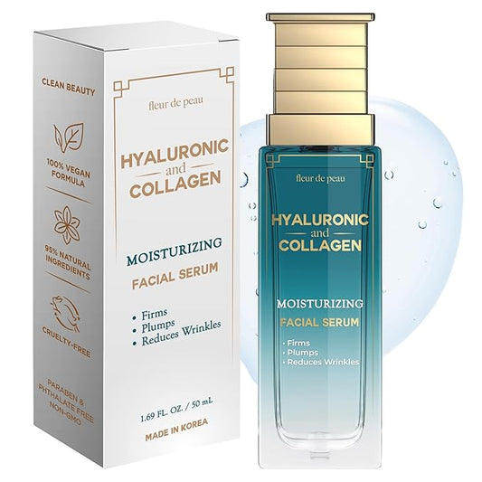 Fleur De Peau Hyaluronic Acid Serum For Face with Collagen - Dermatologist Tested, Anti-Aging, Ultra Hydrating, Firming, & Smoothing Korean Skin Care - 95% Natural, Clean Beauty, Vegan - 1.69 FL. Oz