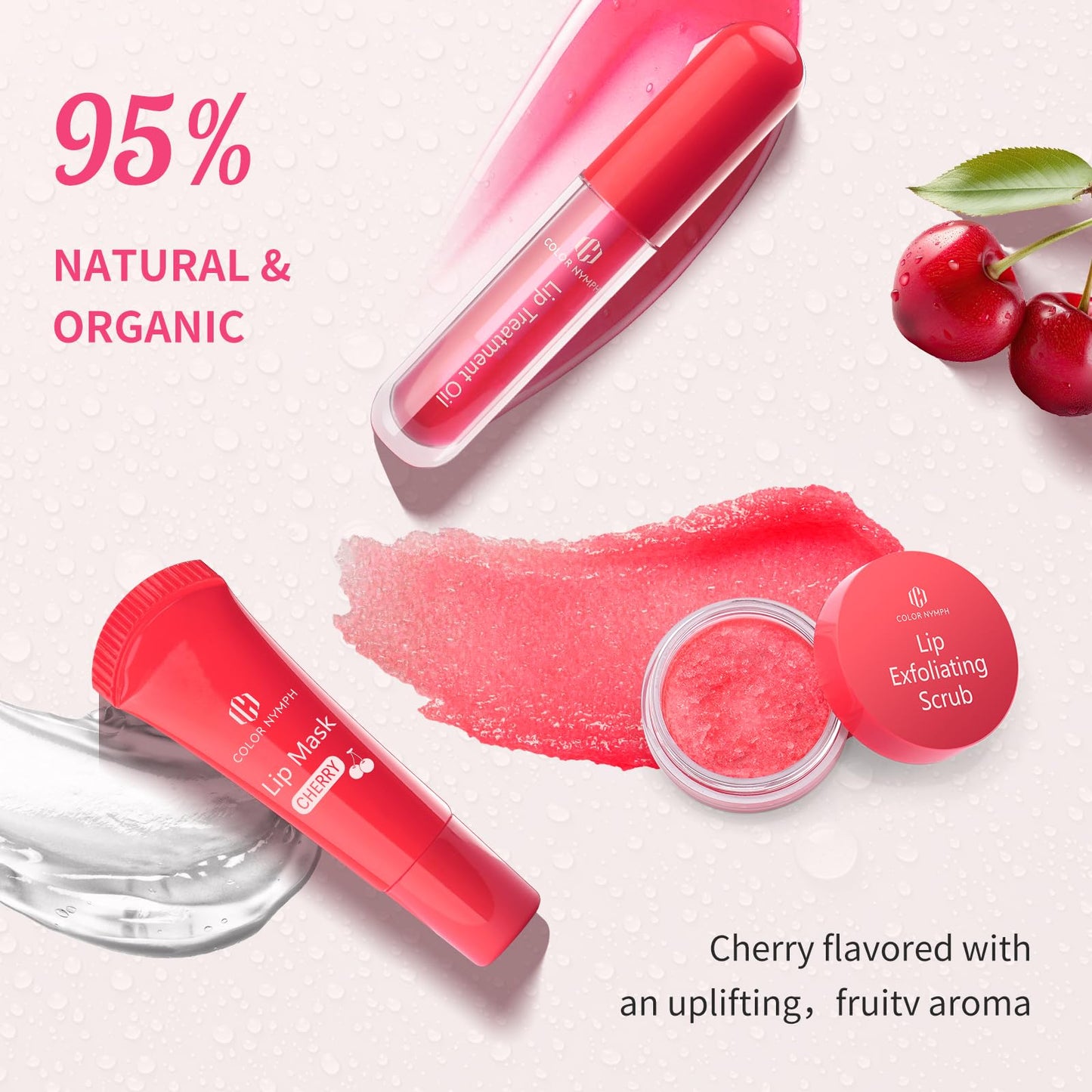 Color Nymph Lip Care Trio - Lip Scrub, Overnight Lip Mask & Lip Treatment Oil, Intense Hydration Lip Set for Dry Chapped Cracked Lips, Exfoliate & Moisturize - 3 Piece Gift Set - Cherry