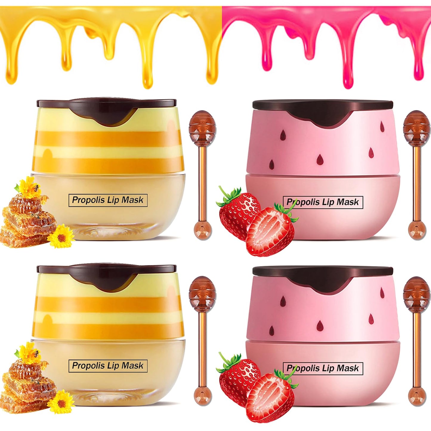 Charm Kiss,4PCS Bee Balm Lip Balm Honey Pot & Strawberry Sleeping Lip Mask,Hydrating & Prevention Dry,Winter Lip Care Products,2PCS Honey POT & 2 PCS Strawberry Pot,30 items,4.0 Count