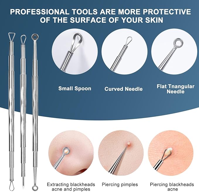 Professional Facial Blackhead Remover Tools,6-Piece Stainless Steel Acne Extractor Tools Set with Storage CaseKit for Whitehead Acne Blemishes Comedones Stainless Steel Makeup Tool
