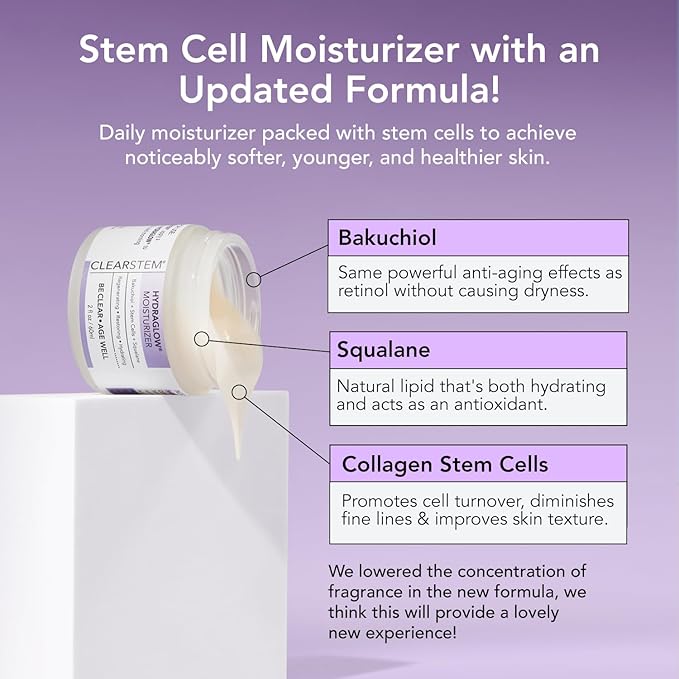 CLEARSTEM - HYDRAGLOW Stem Cell Moisturizer - Bakuchiol + Squalene - Youthful Skin Face Moisturizer - All Skin Types - Facial Skin Care Products - Gluten Free, Cruelty Free - 2 fl oz / 60ml