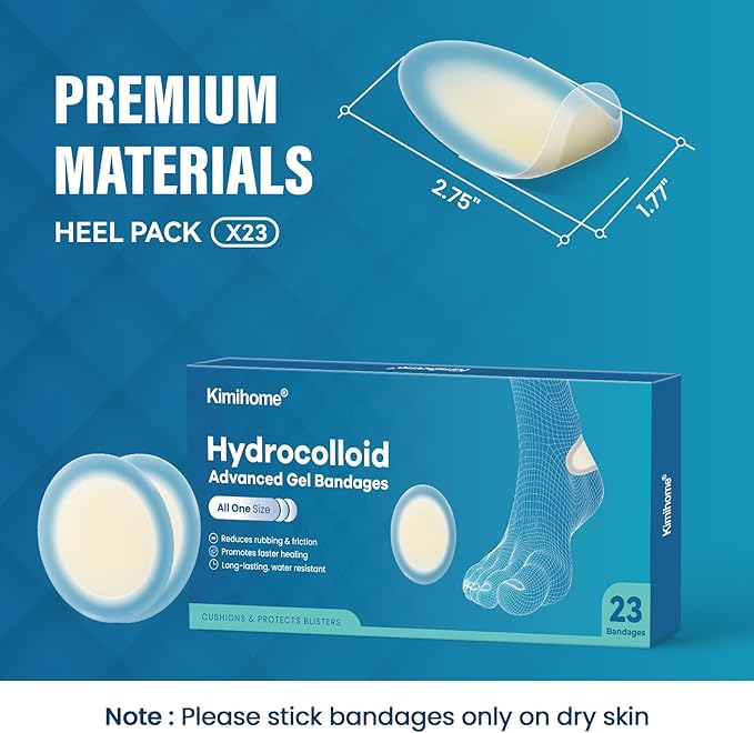 Hydrocolloid Gel Blister Bandages Pads - Kimihome 23ct Water Resistant Blisters Bandages - Adhesive Blister Pads for Heel, Foot, Toe - Gel Blister Chshions for Prevention & Recovery (Heel Pack)