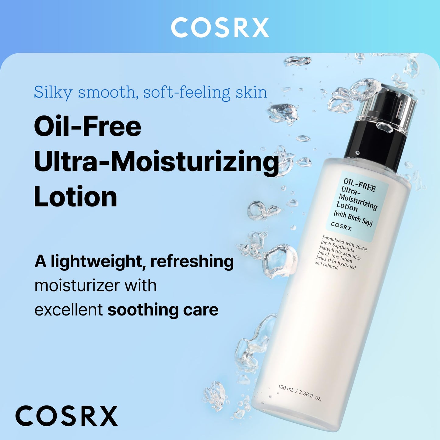 COSRX Oil Free Lotion with Birch Sap, Daily Acne Facial Moisturizer, Hydrating Moisturizer for All Skin Types, Korean Skin Care, Paraben free, 3.38 fl.oz / 100ml