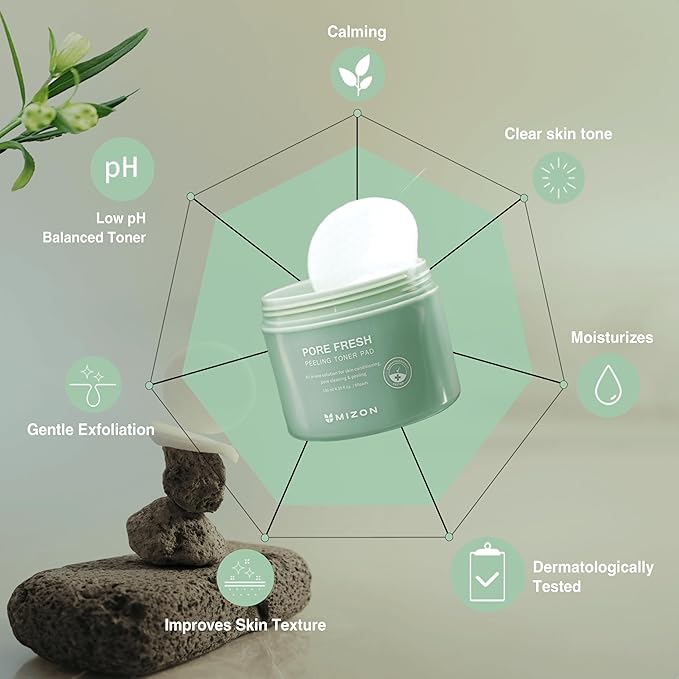 MIZON Pore Fresh Peeling Toner Pads AHA BHA PHA with Tea Tree & Turmeric Extracts, Gentle Exfoliation & Deep Cleansing, Korean Peeling Pads Cotton Soothing Exfoliating Pore Tightening (60 PCS)